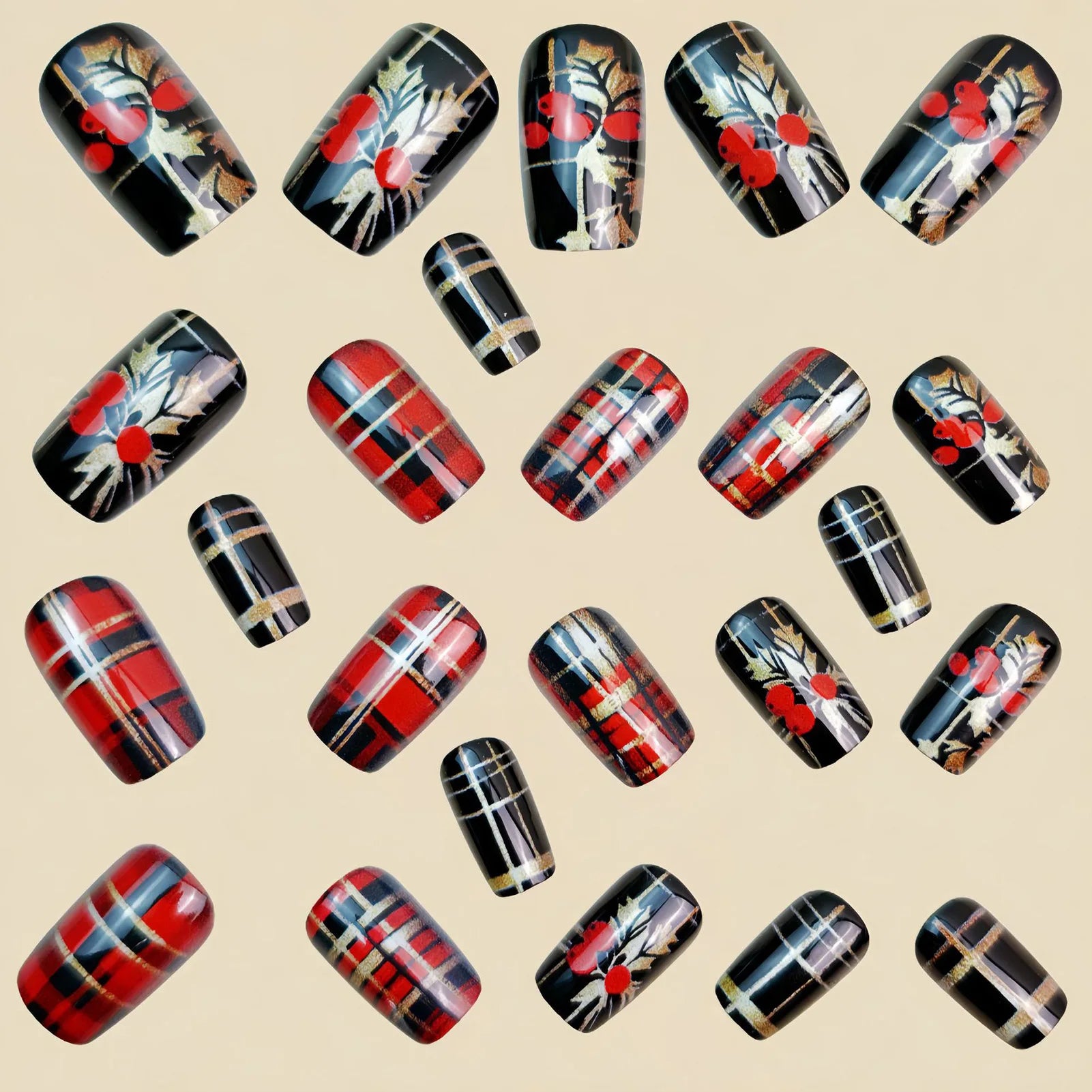 24Pcs Christmas Fake Nails Red/Gold/Black Striped Designs Short Square Press On Nails For Women New Year Party Charm Manicure