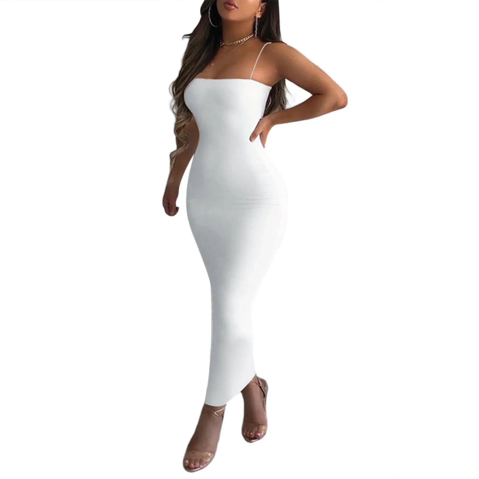 Women Casual Summer Spaghetti Strap Bodycon Dress Fashion Solid Color Sleeveless Backless Slim Fit Sling Long Dress WHITE