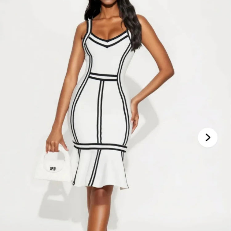 Women Sleeveless Sexy Square Collar Patchwork Bodycon Bandage Midi Dress Nightclub Party Celebrate Birthday Outfit WHITE