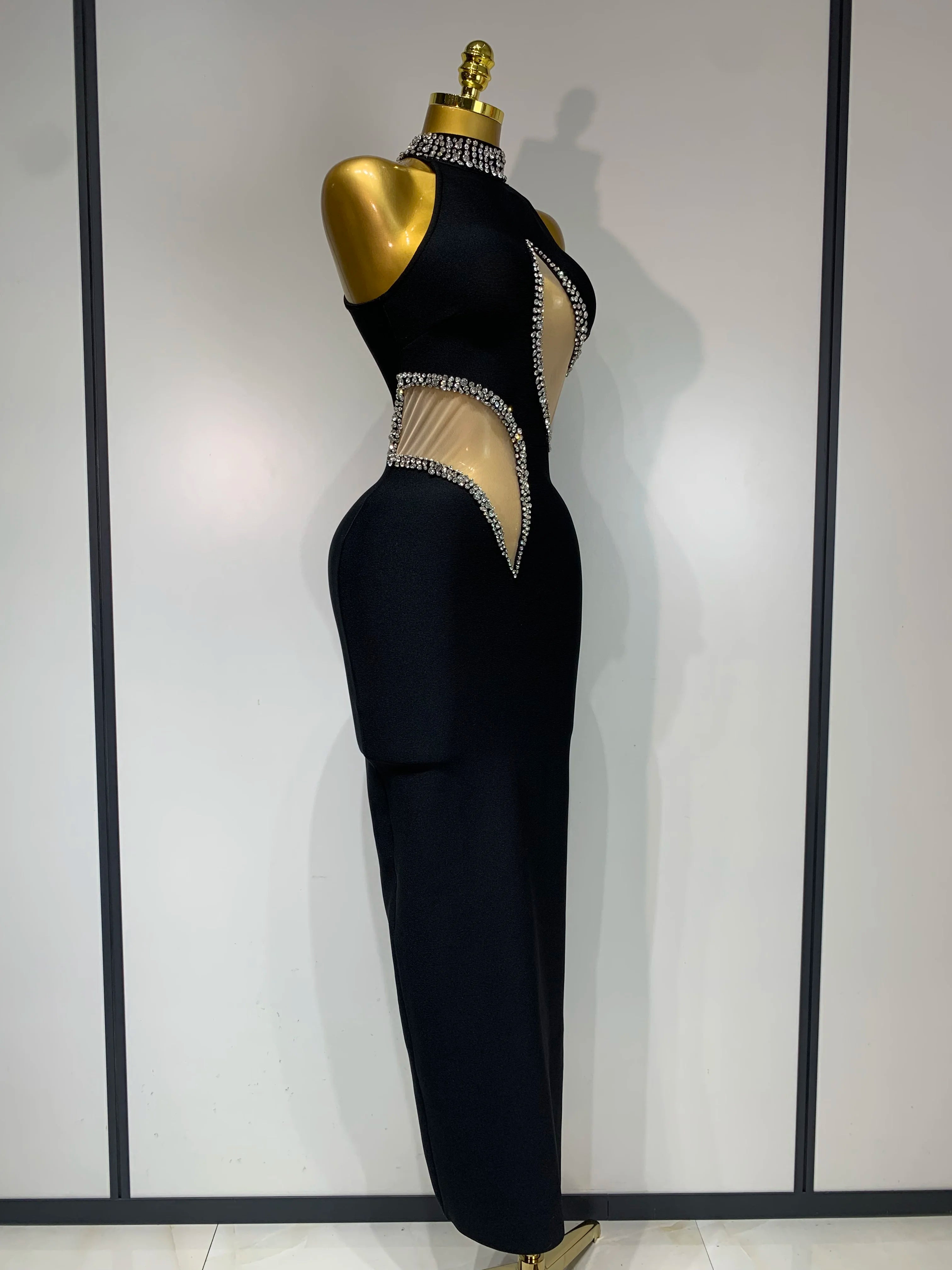 Women Sexy Rhinestone Black Sleeveless Mesh Patchwork Stretch Bodycon Bandage Party Dresses Elegant Birthday Dress