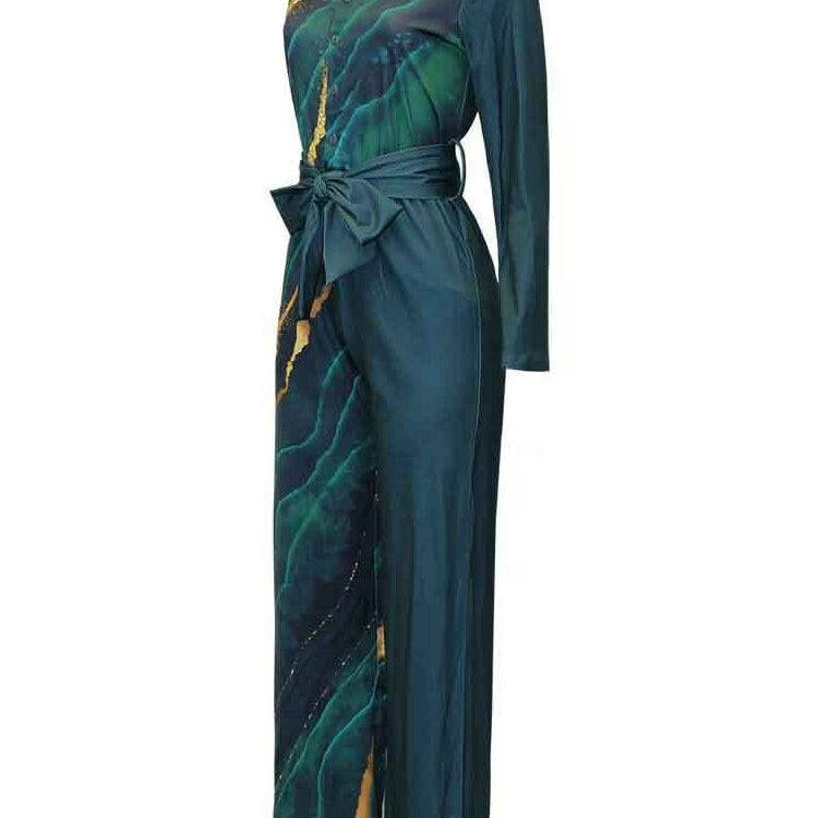 Print Jumpsuit Women Autumn and Spring 2024 New Fashion Long Sleeve Lapel Loose Casual Elegance Green Jumpsuits