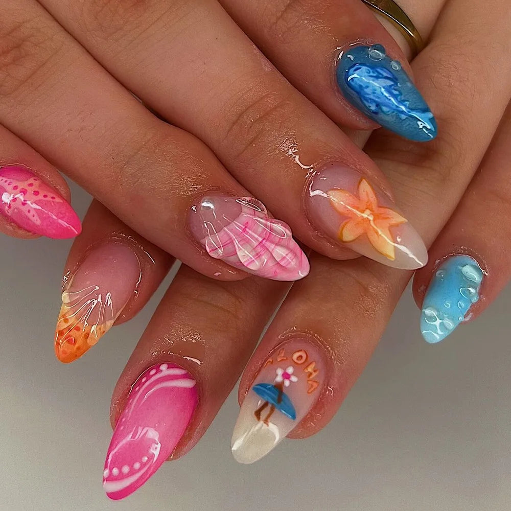 24pcs Summer Almond Press on Nails Ins Simple Flower Shell Decor French False Nails Wearable Reusable Fake Nails for Women Girl 2