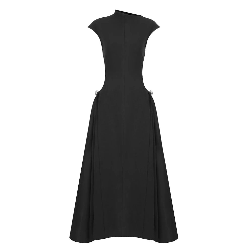 Casual Dress For Women Asymmetrical Collar Sleeveless High Waist Metal Button Pin Embellished Elegant Cocktail Party Wear black