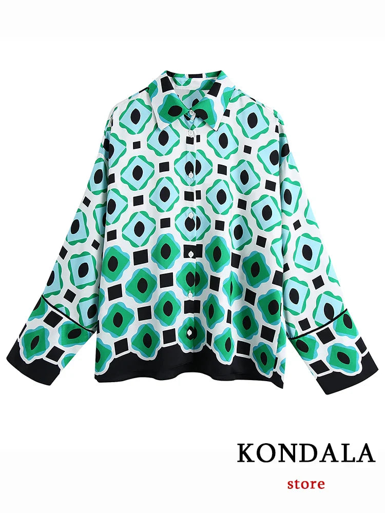 KONDALA Geometric Print Vintage Women Suits Autumn Fashion Oversized Long Shirts and High Waist Wide Leg Pants Women Set Top