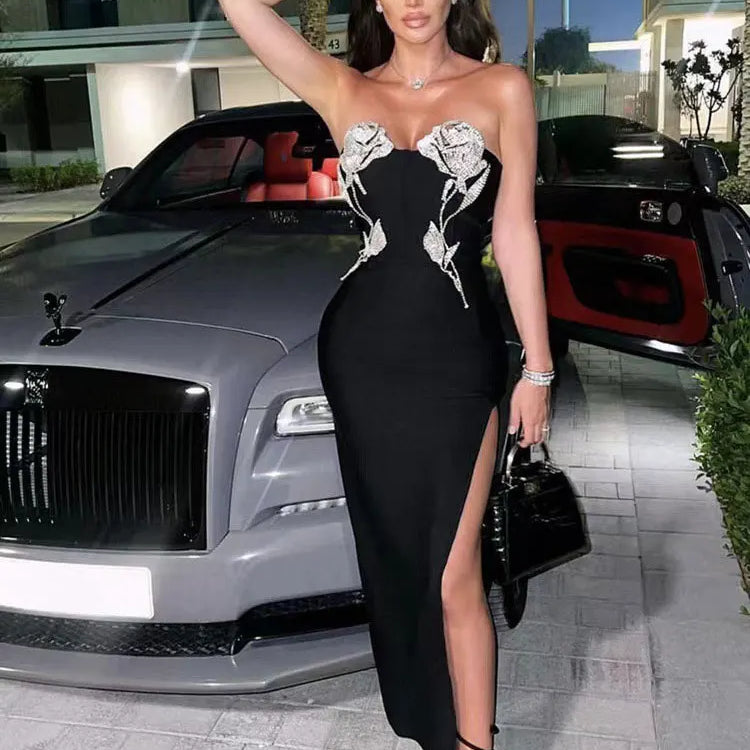 Women Sexy Bandage Dresses 2023 Summer Wrap Chest Sleeveless Bodycon Diamond Design Midi Dresses Celebrity Evening Party Vestido