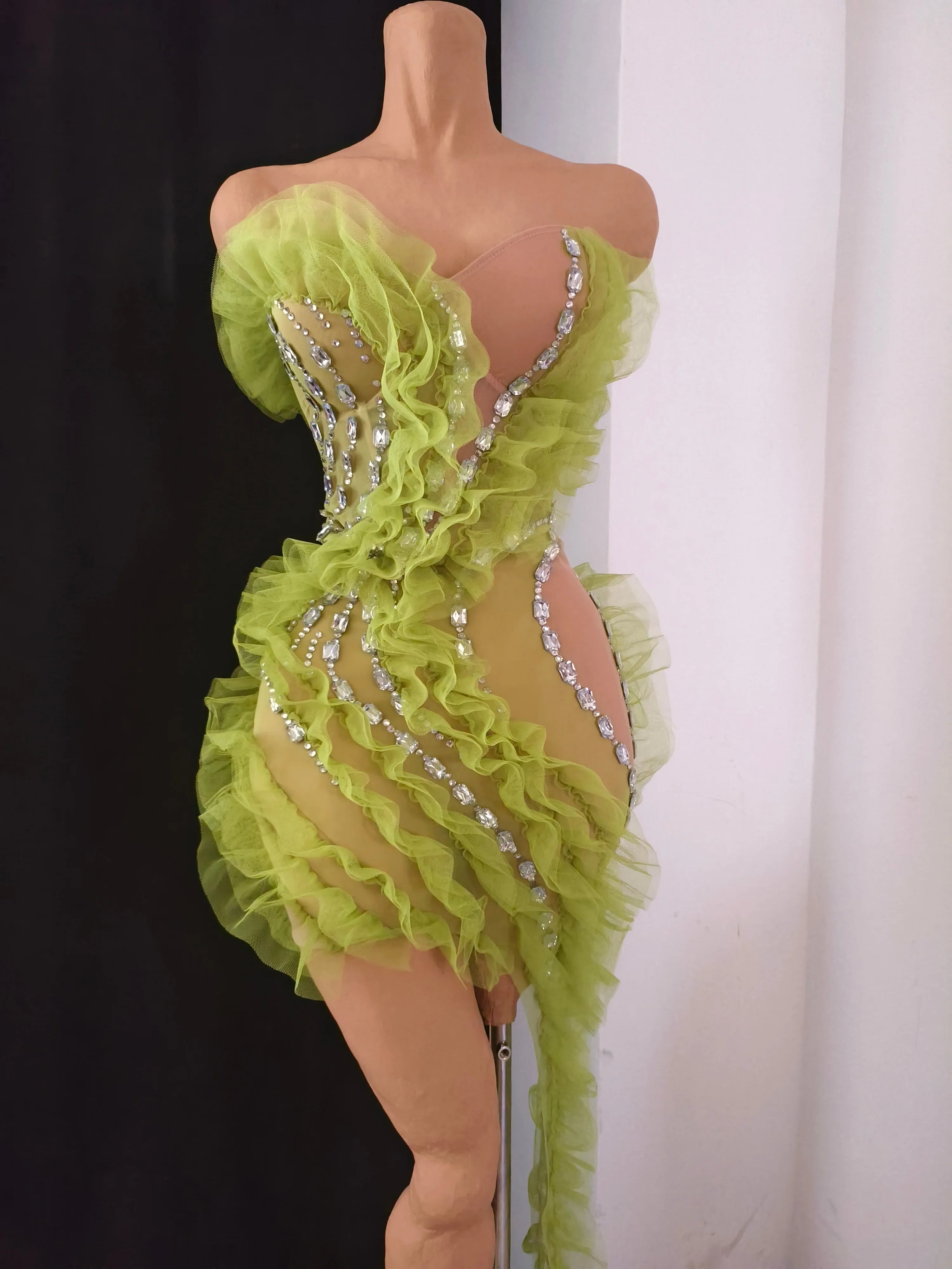 Sparkly Green Sheer Mesh Flowy Ruffle Crystal Rhinestone Dress Slim-fit Nightclub Party Stage Performance Clubwear Outfit