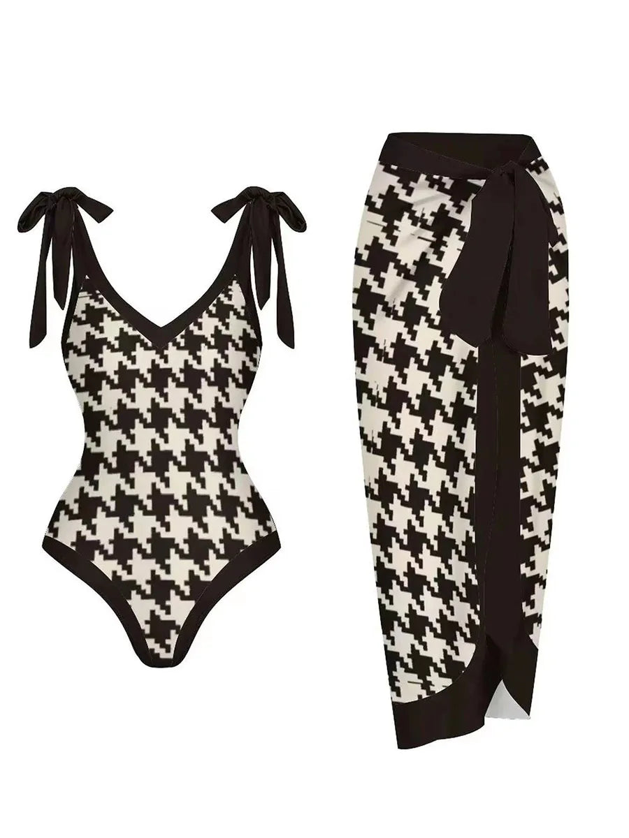 String One Piece Swimsuit & Vent Skirt Padded Sexy Swimwear Women Bathing Suit Female Swimming Summer Beachwear Bodysuit Black3