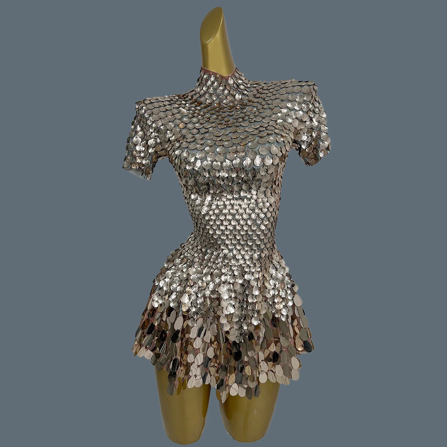 Sexy Nightclub Leotard Shining Lovely Sequins Mini Dress Costume Celebrate Dress Women Bodysuit Birthday Silver Dresses Jinsique Champagne One Size