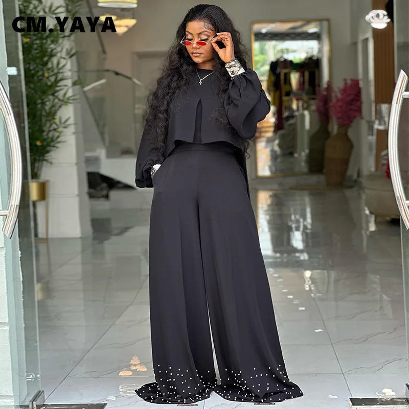 CM.YAYA Women's Set Long Sleeve High Low Maxi Blouse and Pearl Beading Wide Leg Pants 2025 Two 2 Piece Sets Outfits Tracksuit