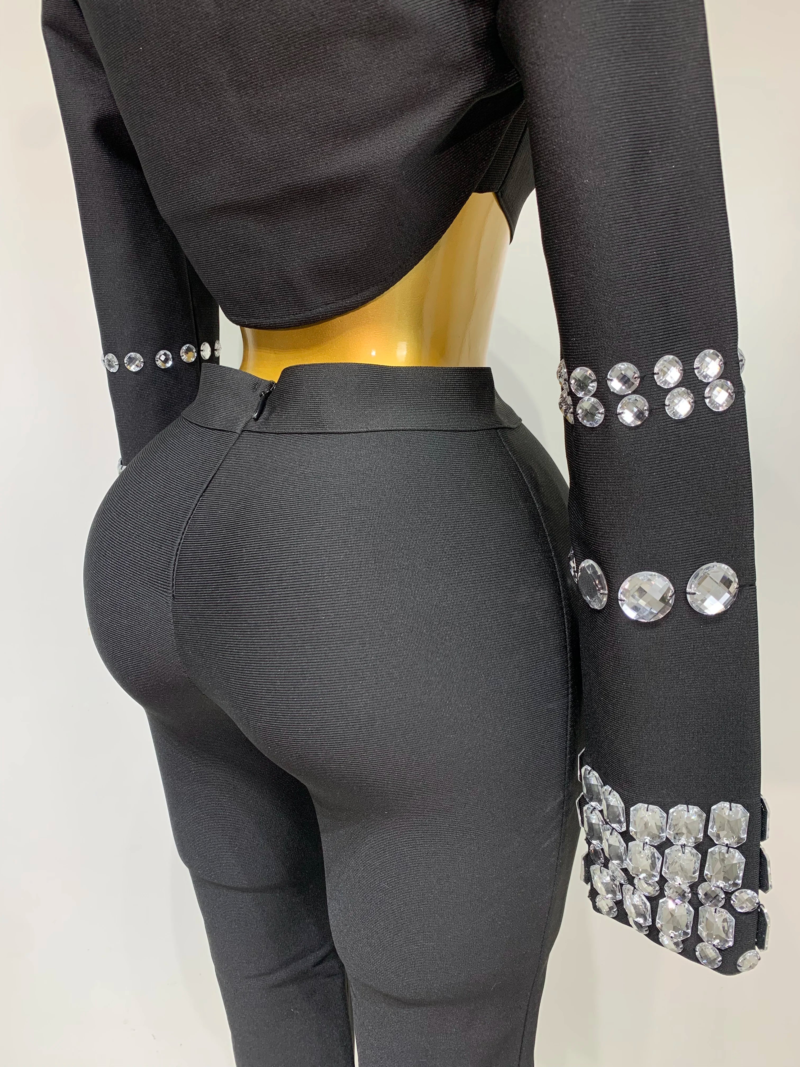 Women Celebrity Sexy Long Sleeve Beading Black Bodycon Bandage Three Piece Set Elegant Evening Club Party Birthday Outfits