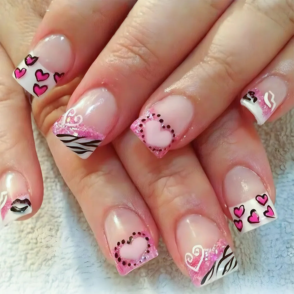 24pcs y2k Black French Press on Nails Short Square Pink Heart Fake Nails Full Cover Wearable Sweet Valentine's Day False Nails
