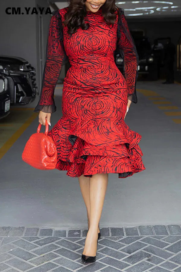 Women Long Sleeve mesh O-neck mult Ruffles Bodycon Midi Dress 2025 Africa OL Work Evening Sexy Party Dresses Vestidos
