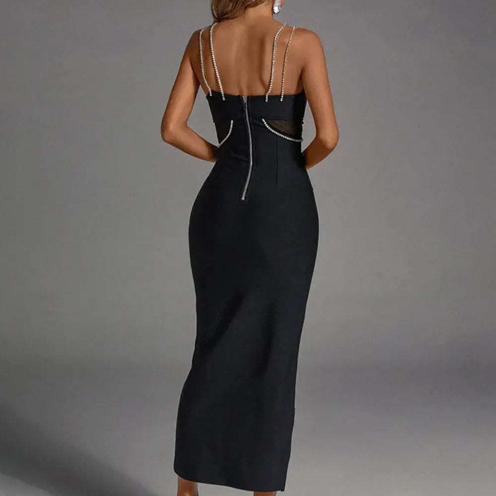 2025 Spring Women's Water Diamond Chain Strap Sleeveless Bandage Dress Patchwork Bodycon Long Dress Evening Club Party Vestidos