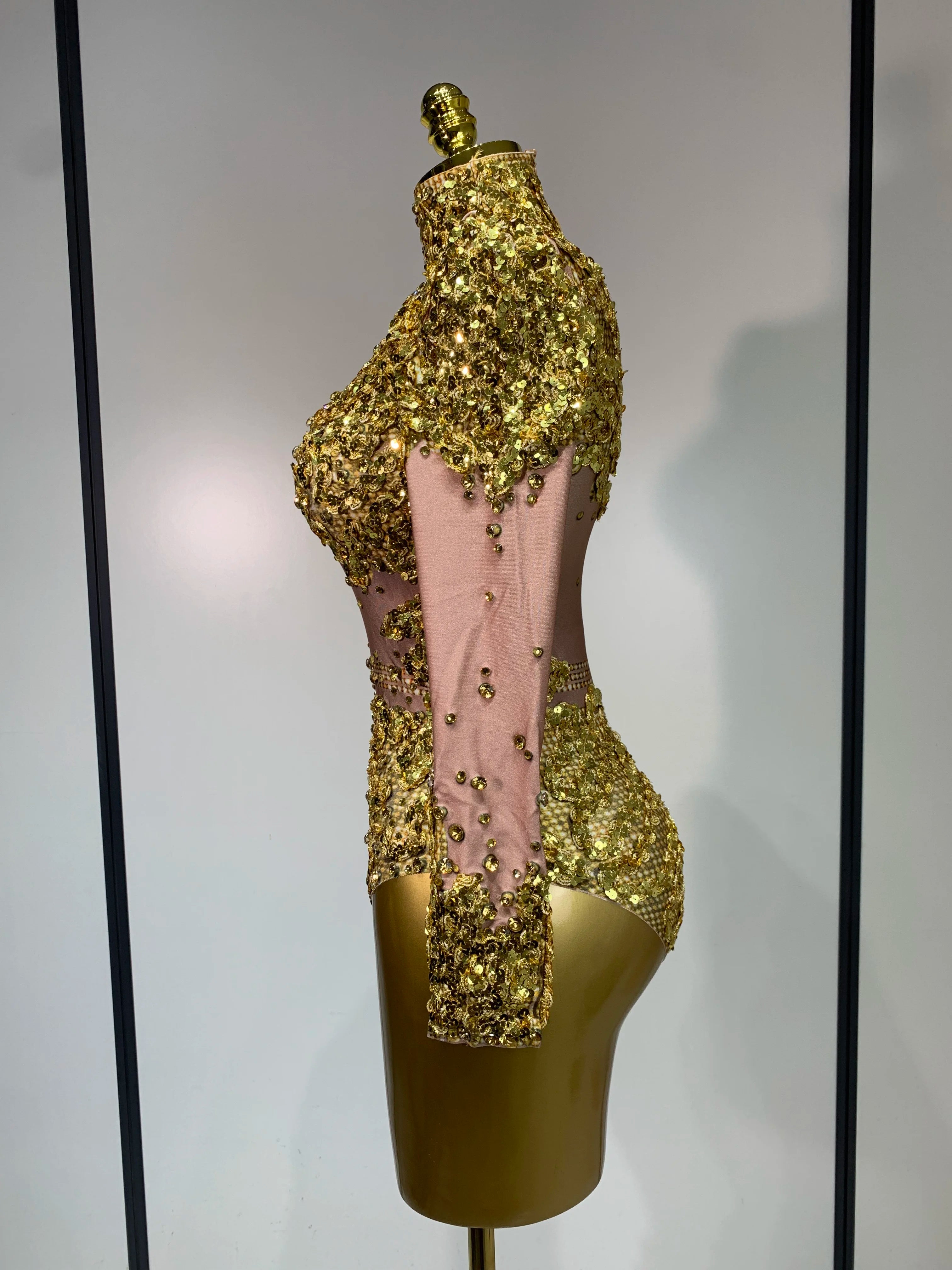 Sparkly Gold Rhinestone Sequin Stretch Bodysuits 2025 Women Luxury Birthday Party Nightclub Dancer Stage Performance Costume