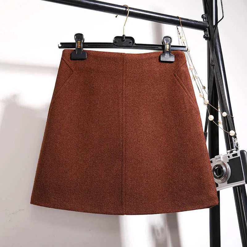 Fashion Wool Skirt Women Autumn Winter Thick Warm A-Line High waist Mini Skirts Women's Woolen Boots Short Skirts Faldas F196 coffee