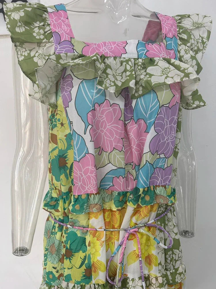 LGRQ Trendy Ruched Hemline Design Printed Long Dresses Summer Ruffle Fashion Sleeveless Elegant Luxury Dress Girls 19F1381