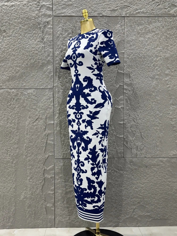 Top Quality Women Short Sleeve Sexy Blue Jacquard Bodycon Long Bandage Dress Elegant Evening Party Occation Office Wear