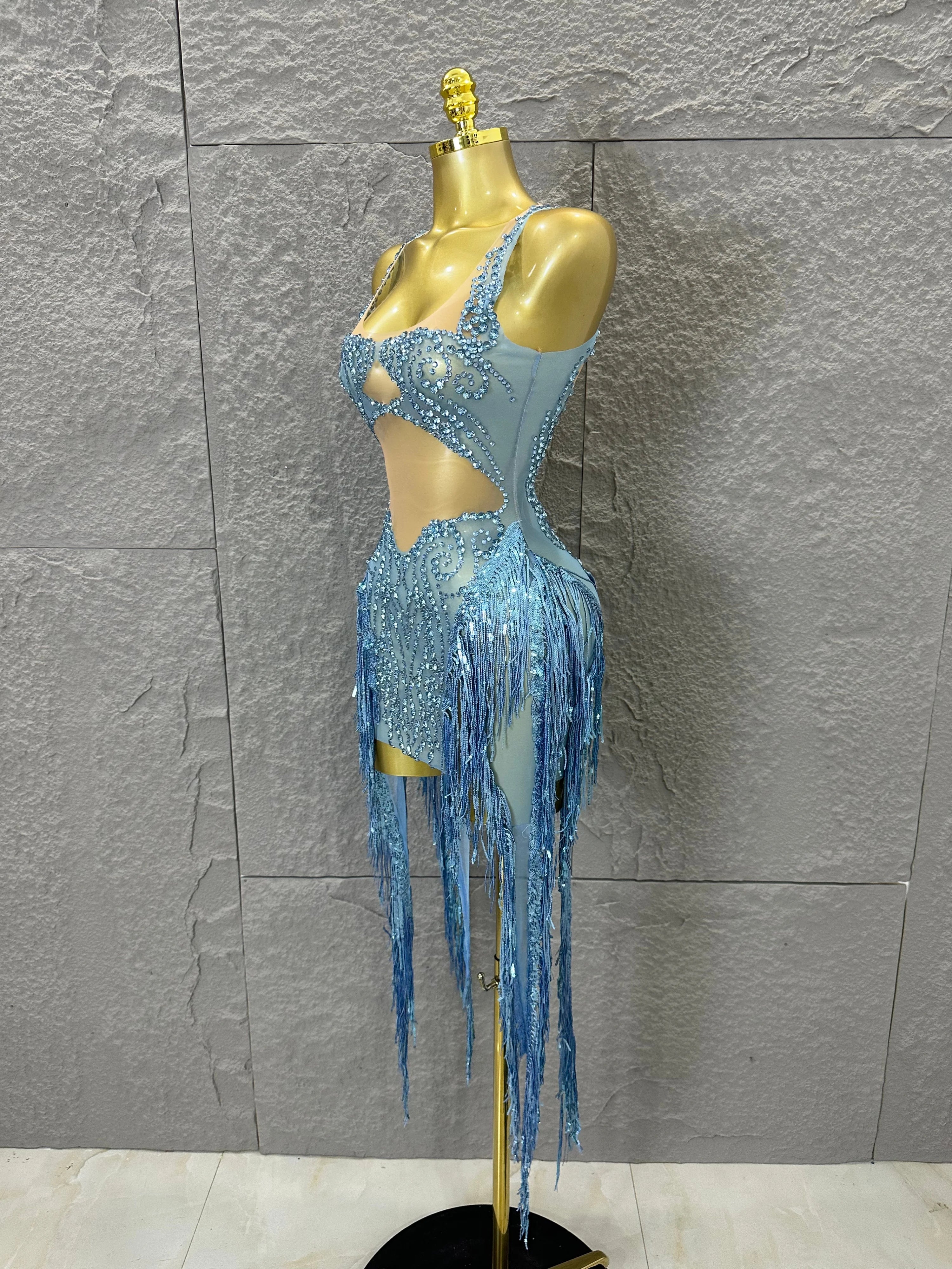 Refined Blue Spaghetti Strap Mini Dress Women Sheer Mesh Rhinestone Fringe Embellished Latin Dance Performance Costume