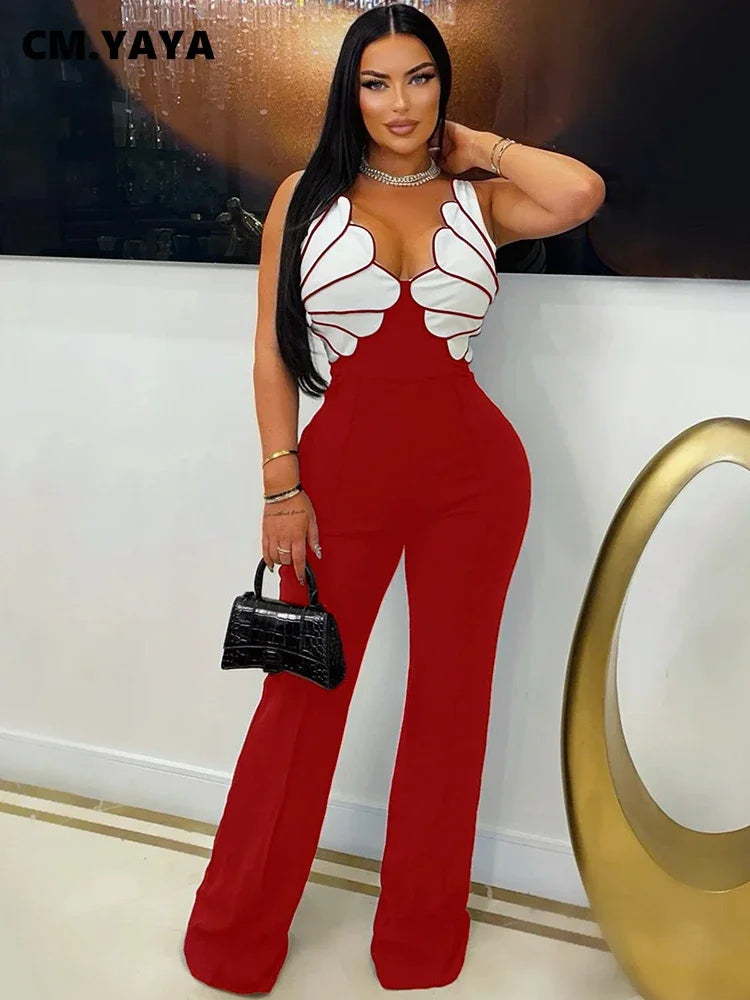 Women V-Neck Backless Wide Leg Straight Sleeveless Jumpsuits 2025 Spring Patchwork Sexy One Piece Set Streetwear Outfits