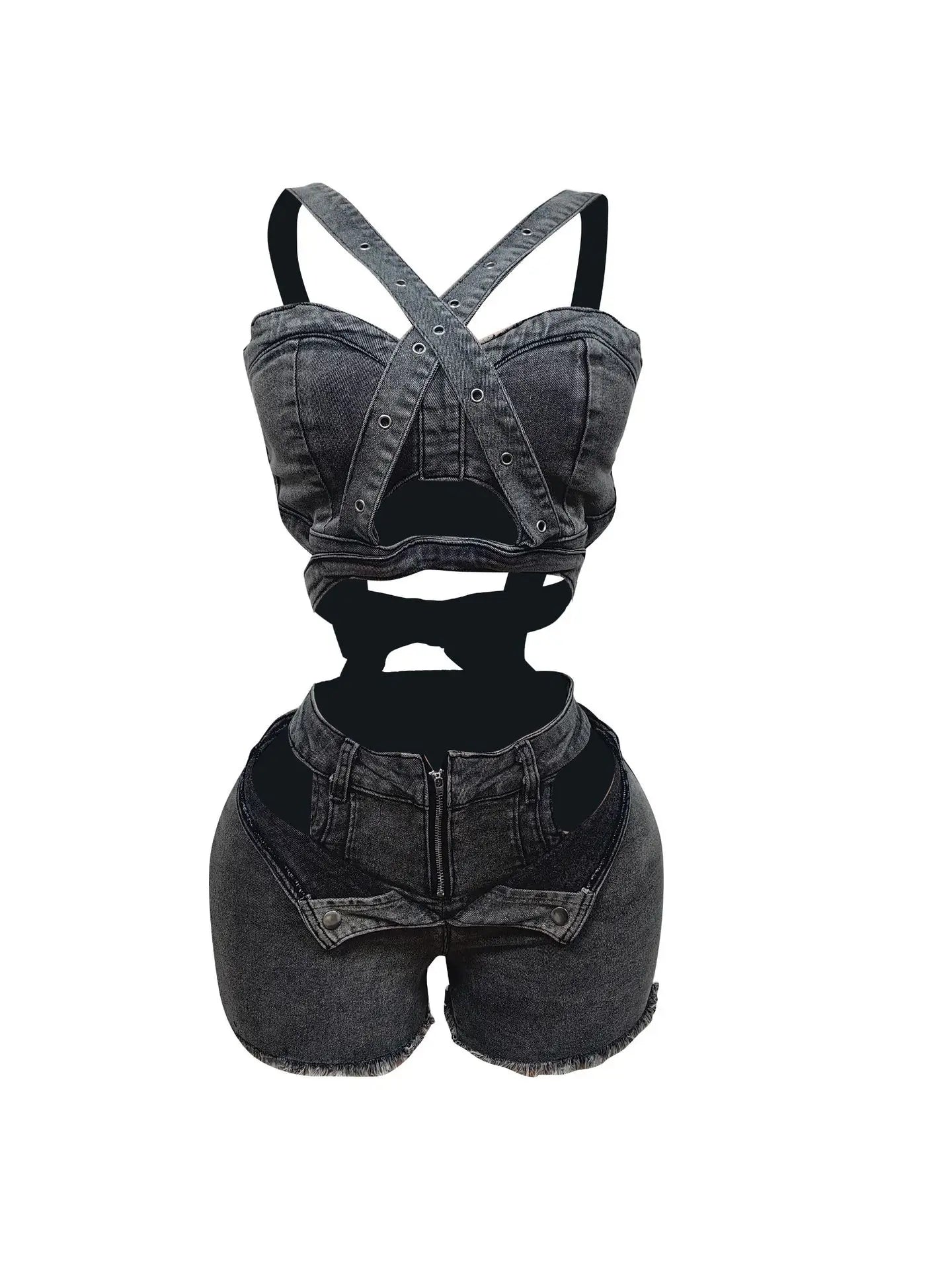 CM.YAYA Sexy Holiday Denim Women's Set Halter Neck Crop Tops and Ripped Out Shorts Jeans 2025 Summer Two 2 Piece Sets Outfit Black gray