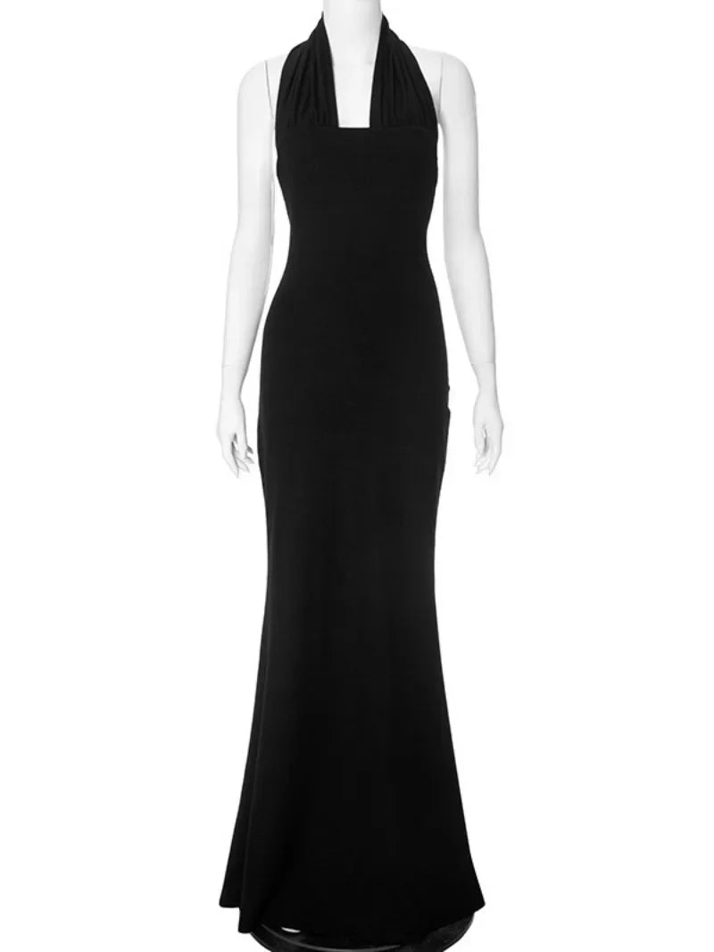 Sexy Elegant Summer Sleeveless Halter Neck Long Maxi Dresses for Women Sexy Off Shoulder Bodycon Evening Party Black Dress