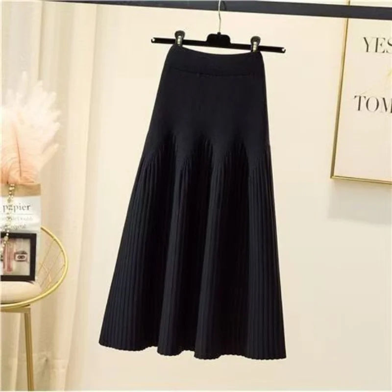 Women Winter Loose A-Line Midi Skirt Casual Elegant Office Lady Skirt Trendy All-Match New Basic Skirt Solid Pleat Knit Skirt Black