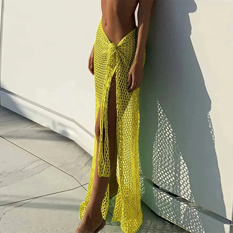Croche Beach Cover Up Sexy See Through Dress for Women Knit Long Skirts Mesh Hollow Out Through Wrap White Midi Skirt