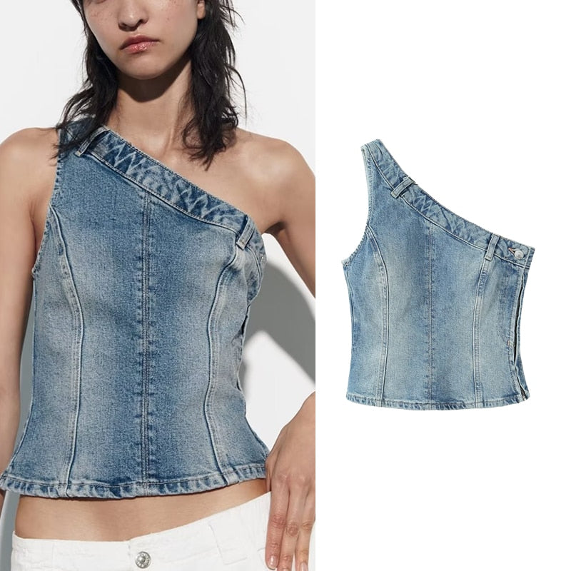Traf Women's Corset Crop Top Y2k Streetwear Summer Women's Clothing - Vitage Denim Croo Top Women Vest 2023