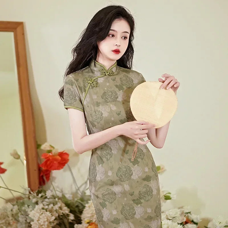 Cheongsam Qipao Fashion Clothes Casual Elegant Ethnic Style Vintage Dress for Women Streetwear Women Clothing Party Chinese DQ6-2green