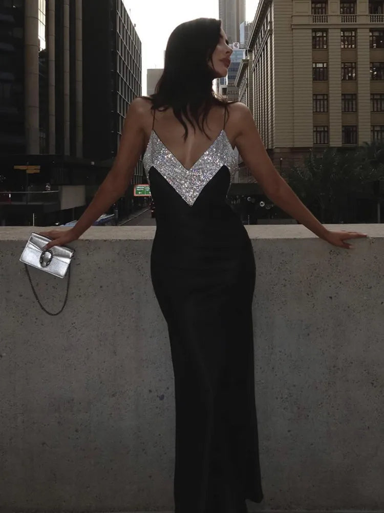 Women Summer Sexy V Neck Backless Crystal Black Diamonds Maxi Long Bandage Dress 2023 Knitted Elegant Evening Club Party Dress black