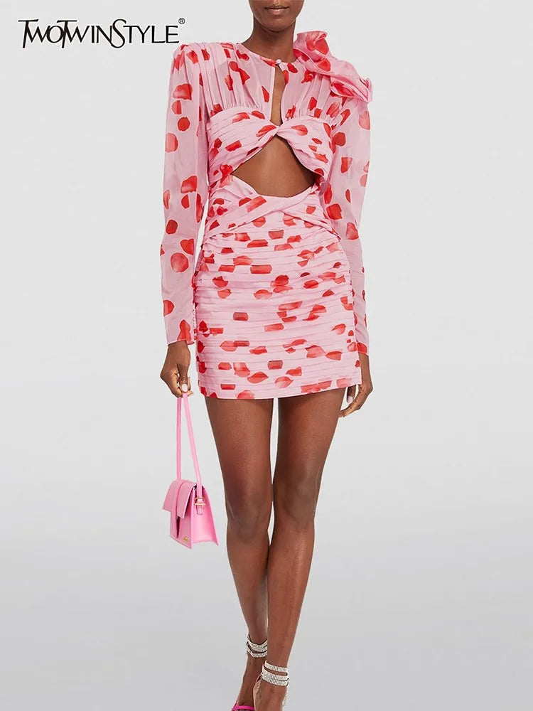 Print Patchwork Floral Cut Out Dress For Women V Neck Long Sleeve High Waist Folds Mini Dresses Female Clothes New