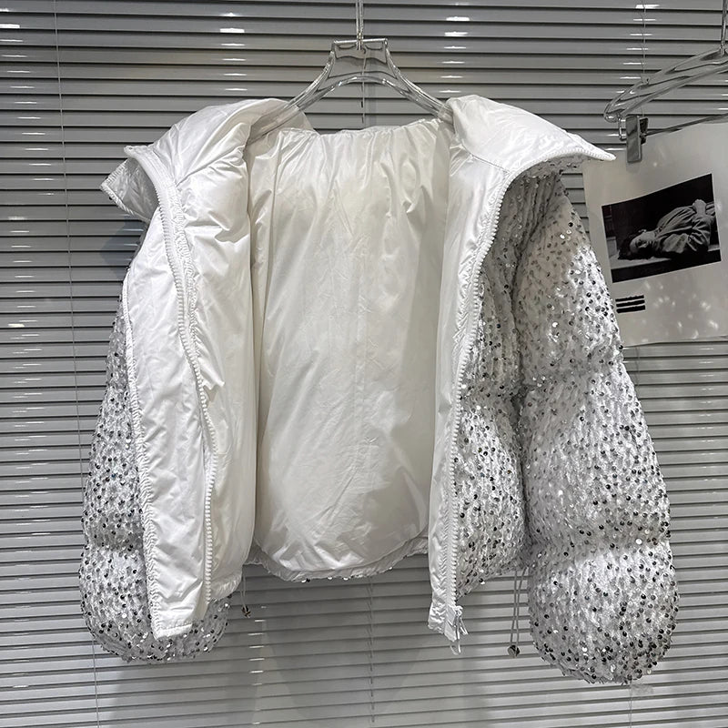 Winter New Trendy Style Silver Sequin Fabric Heavy Industry Hooded Warm Jacket For Women Cotton-padded Coat 11A07657