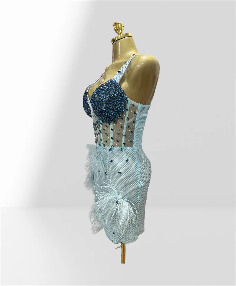 2025 Luxury Feathers Blue Diamonds Sexy See Through Spaghetti Mini Dress Woman Birthday Party Vestido Club Party Outfit