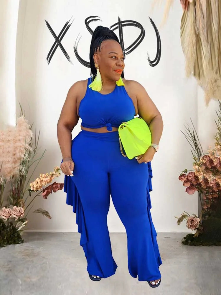 Style Plus Size Women Clothing Summer Two-piece Set Solid Color Tank Top Ruffle Pant Set Lady Trendy Suit Wholesale Dropshipping