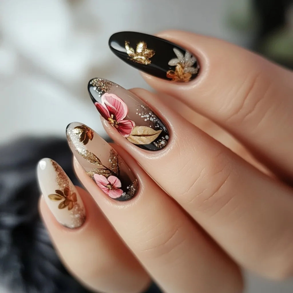 24pcs/set Medium long fake nails yellow dragon flowers feather design for Spring summer Square almond tips press on false nail 2221