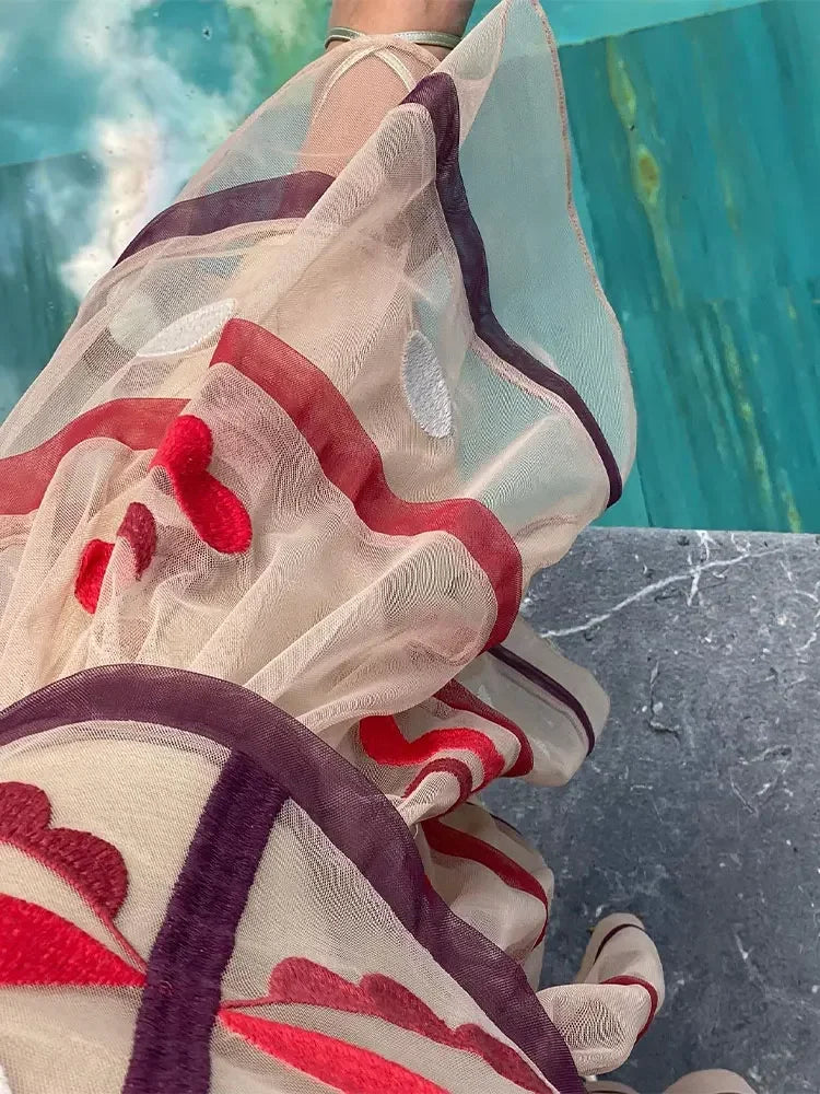 Elegant Print Mesh Ruffles Long Dress For Women Chic Spaghetti Strap Sleeveless Backless Vestidos Lady Holiday Party Robe