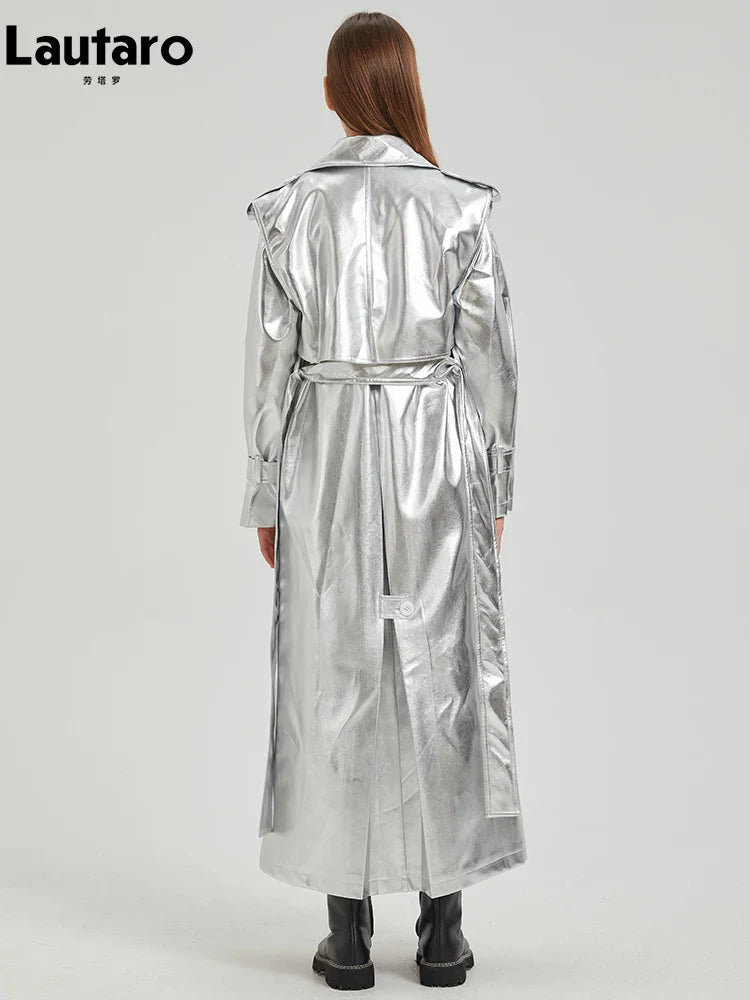 Autumn Extra Long Gold Shiny Patent Pu Leather Trench Coat for Women Single Breasted Luxury Designer Overcoat 2024