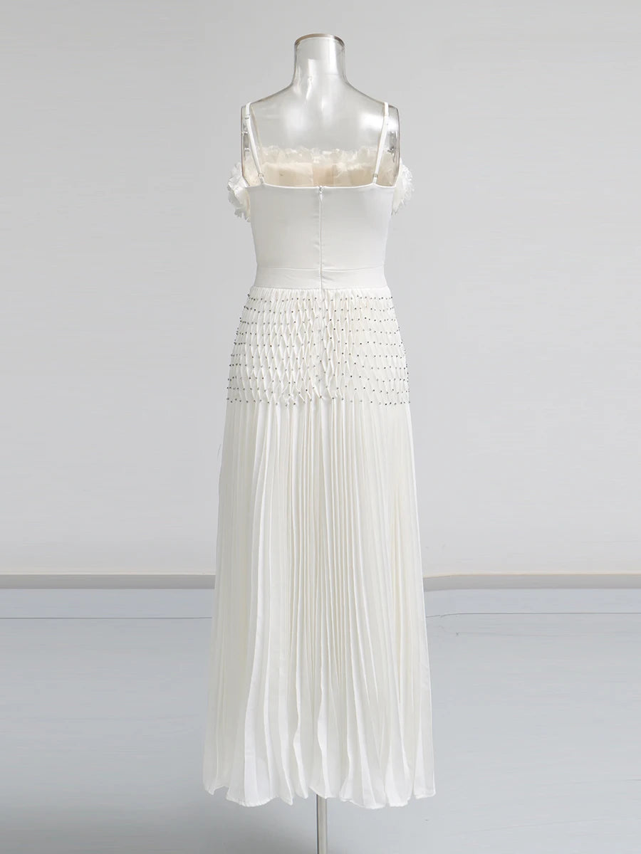 Solid Spliced Appliques Elegant Dresses for Women Deep V Neck Sleeveless Patchwork Folds Dress Female Fashion New