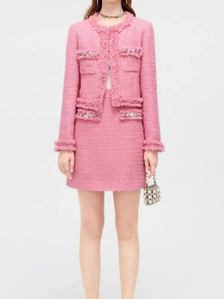 Luxury Style Fashion Diamonds Women's Tweed Woolen Jacket And Skirt Suit Elegant Autumn Winter Office Dress Set 2 Piece Outfits