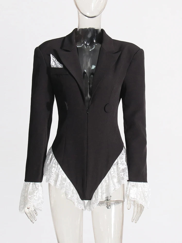 Colorblock Spliced Lace Jumpsuits For Women Lapel Long Sleeve Tunic Patchwork Button Slimming Chic Jumpsuit Female