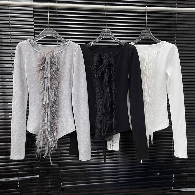 Autumn Winter New Lace-Up Slim Fit T-Shirt For Women High-End Layered Patchwork Base Shirt Top Female Trend 11A07879