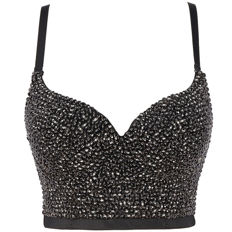 Women Tank Tops Luxury Sequined Rhinestone Pearl Wedding Push Up Bra Woman Clothes Camis Stage Ladies Crop Top Corset y2k Blusas 18-black