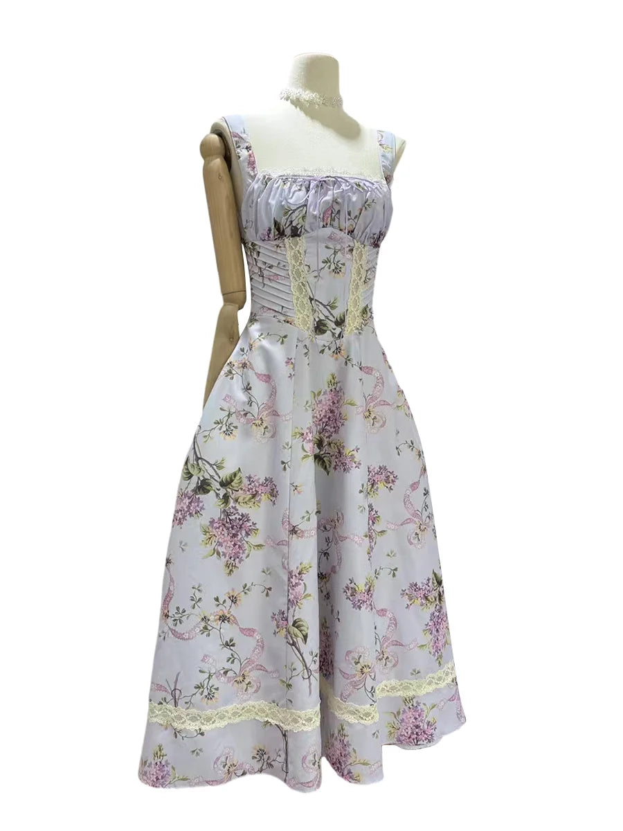 Printing Hollow Out Spliced Lace Elegant Dresses for Women Square Neck Sleeveless Patchwork Pockets Dress Female PURPLE