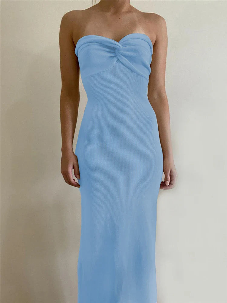 Tossy Strapless Knit Maxi Dresses For Women Summer Beach Party Bodycon Dress Off-Shoulder Twist Knitting Evening Backless Dress Sky blue