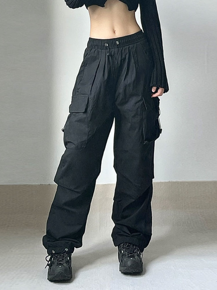Women Parachute Cargo Pants Hip Hop Streetwear Casual Harajuku Elastic Waist Wide Leg Pants Fashion New Solid Straight Trousers Black
