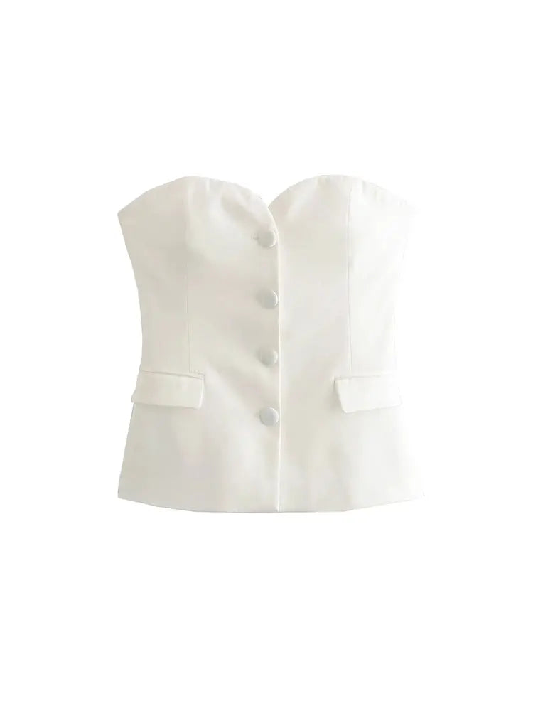 Nlzgmsj TRAF Black Crop Top Women Sexy Spliced Corset Top Female Heart Collar Backless Tops for Women Strapless Tube Tops Woman White