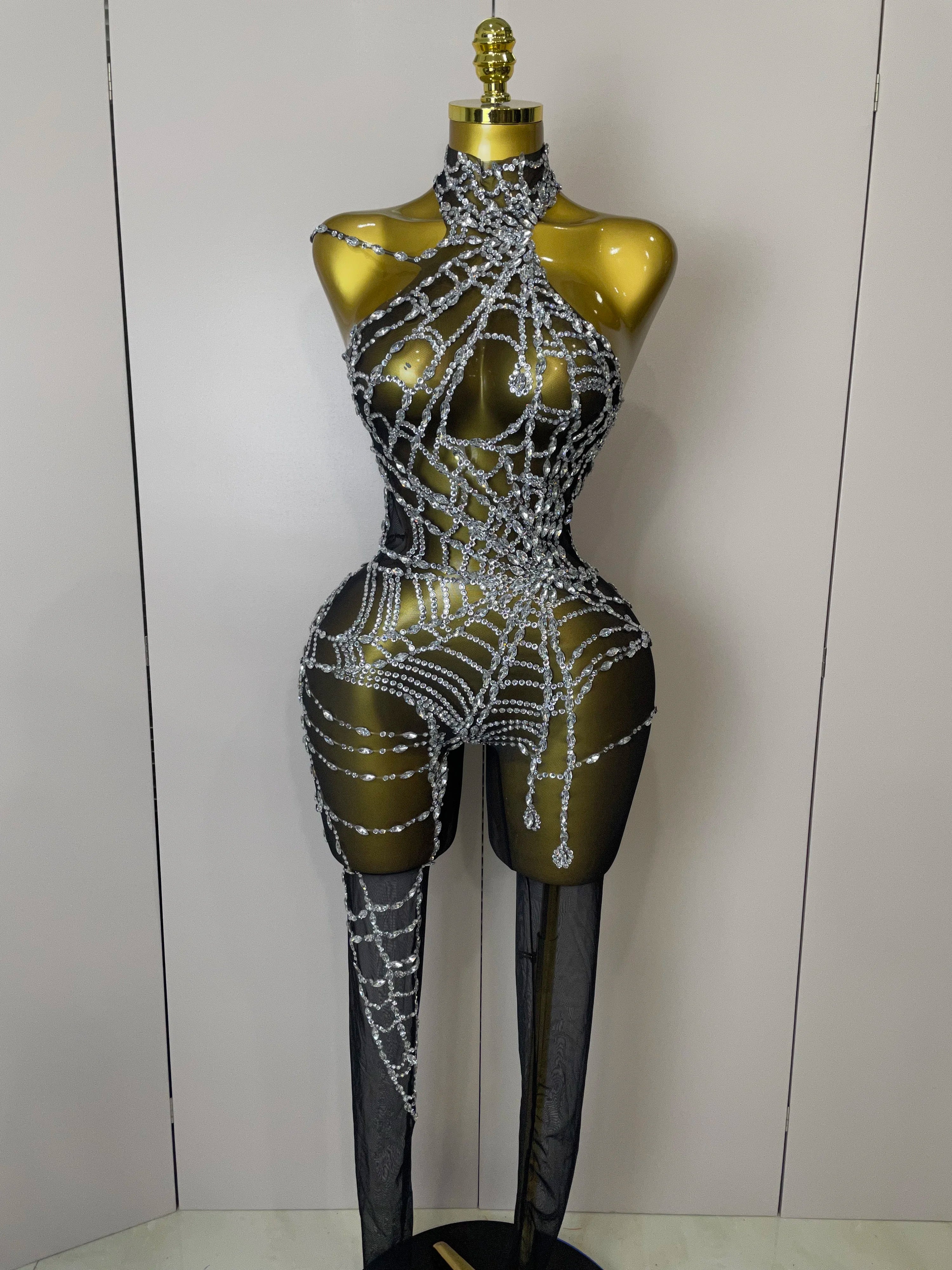 STOCK 2025Women Sparkly Diamond Sexy Mesh Jumpsuit Nightclub Bar Party Show Gogo Dancer Clothing Drag Queen Outfit Stage Costume black