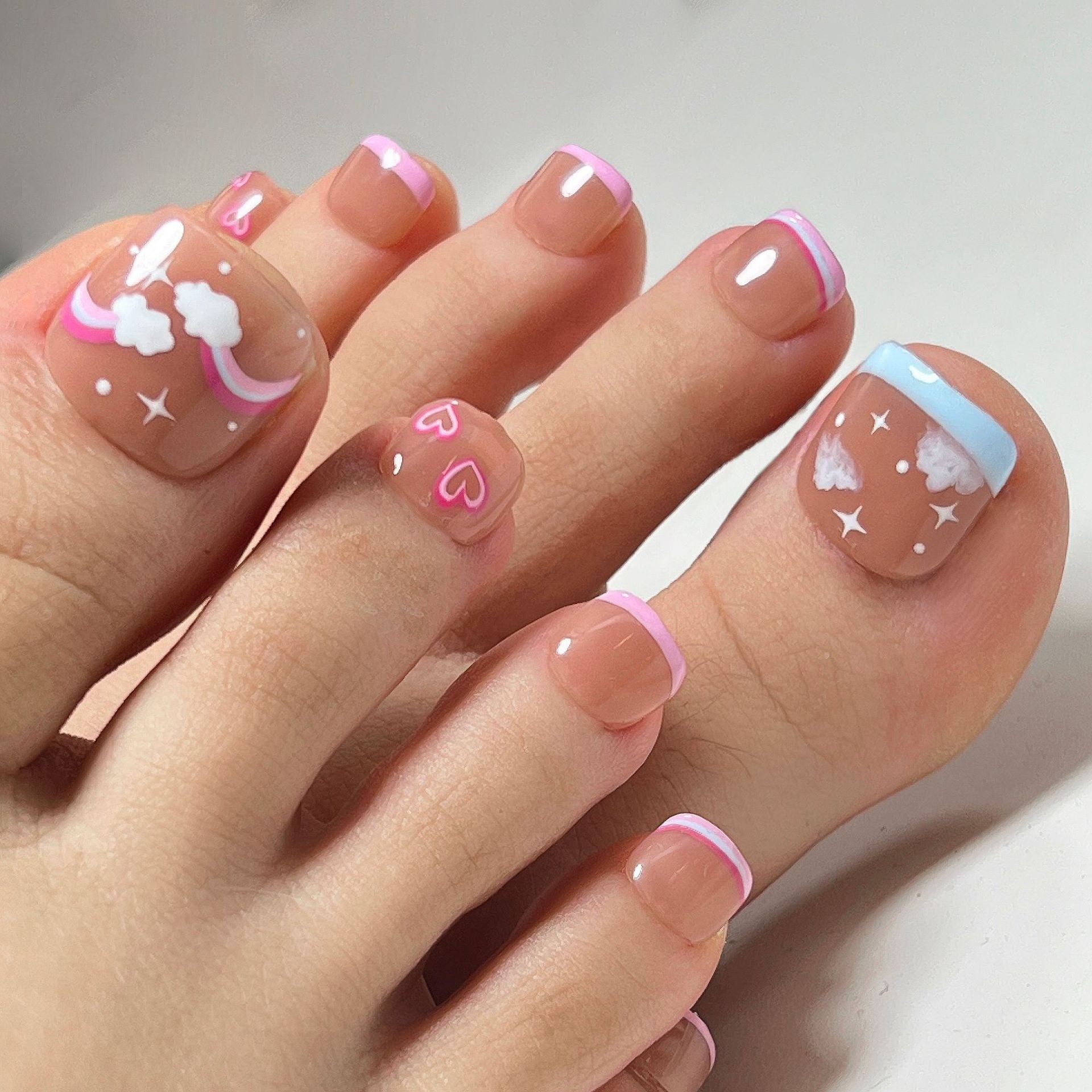 Toe Nails Set French Press on Foot Tips Fake Nail Tips with Designs Summer Reusable Artificial False Stick-on Nails Art 24pcs 2439