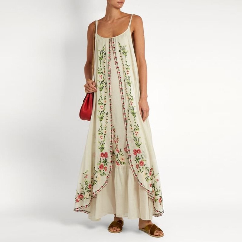 Vintage Sling Floral Print Women Maxi Dresses Casual Boho Sleeveless Elegant Long Dress Ladies Loose Irregular Beach Party Dress