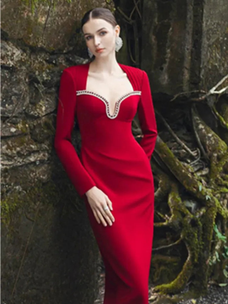 Women Celebrity Sexy Long Sleeve Diamonds Red Maxi Long Bandage Bodycon Dress 2025 Elegant Evening Club Party Outfit